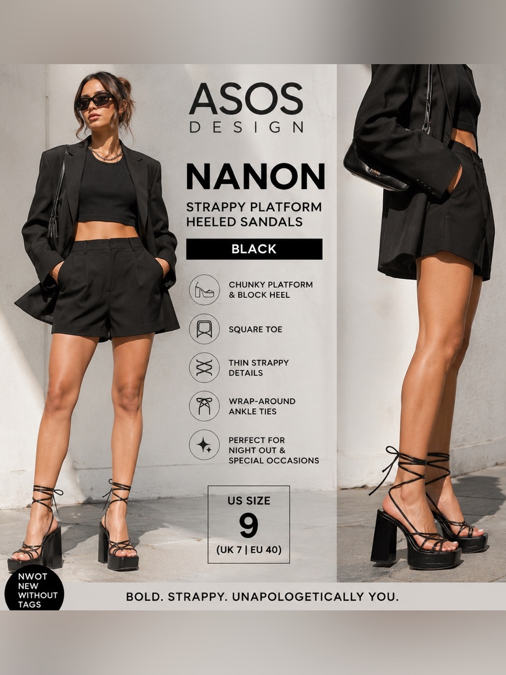 NWOT ASOS DESIGN Nanon Strappy Platform Heels Black Size 9